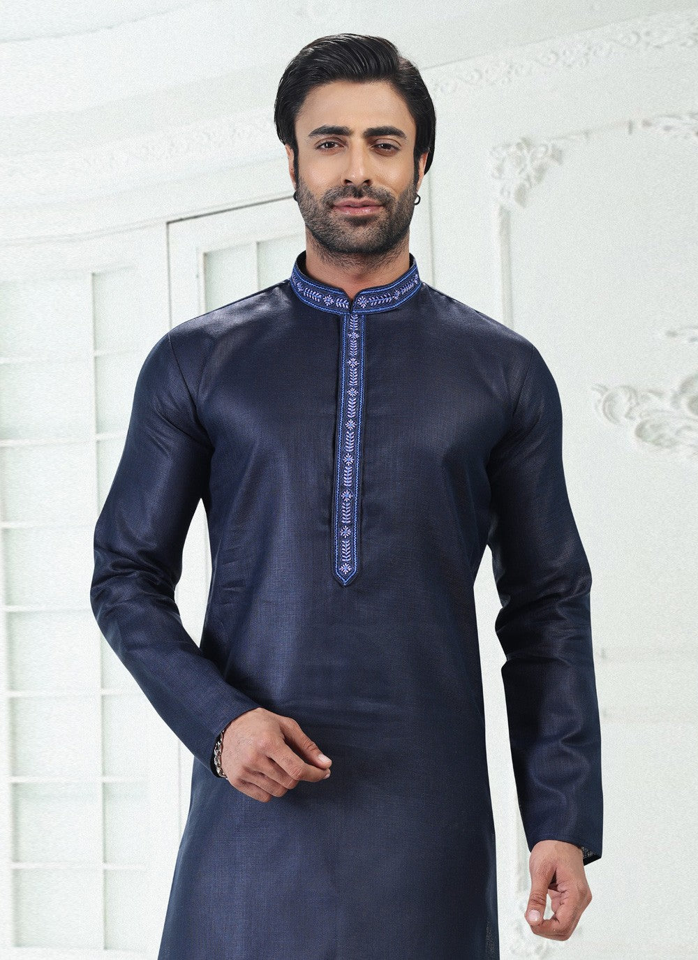 Thread Cotton , Linen Blue Kurta Pyjama - M4891