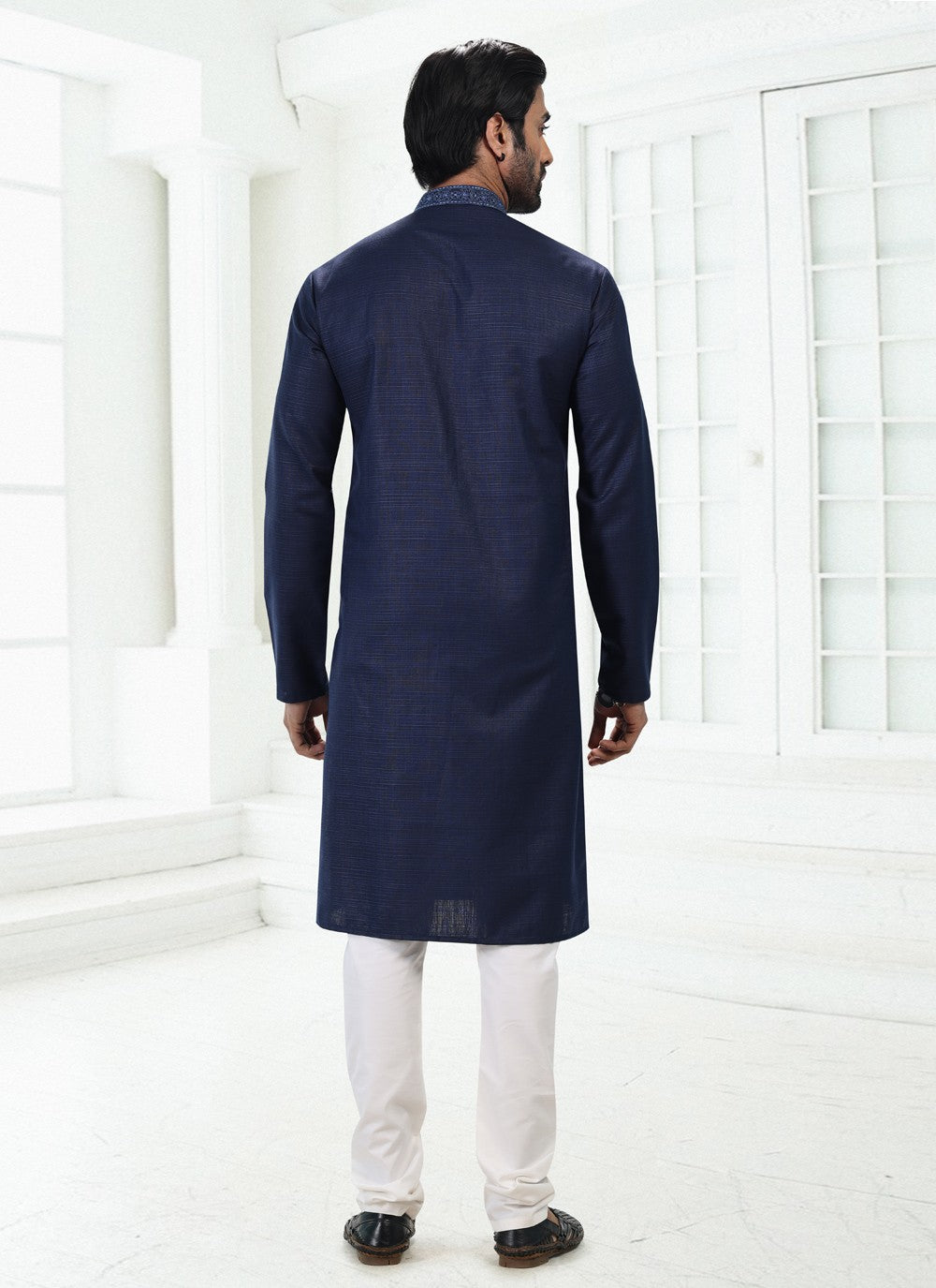 Thread Cotton , Linen Blue Kurta Pyjama - M4896