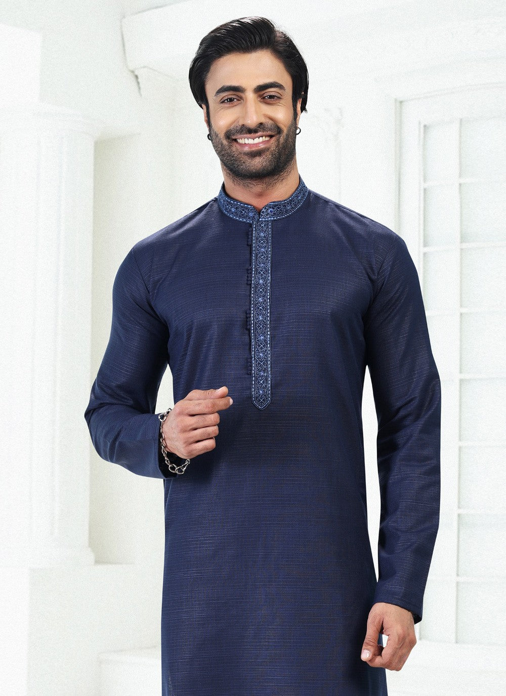 Thread Cotton , Linen Blue Kurta Pyjama - M4896