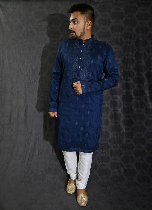 Embroidered Silk Blue Kurta Pyjama - M6193