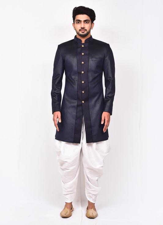 Buttons Velvet Blue Indo Western Sherwani - M3279