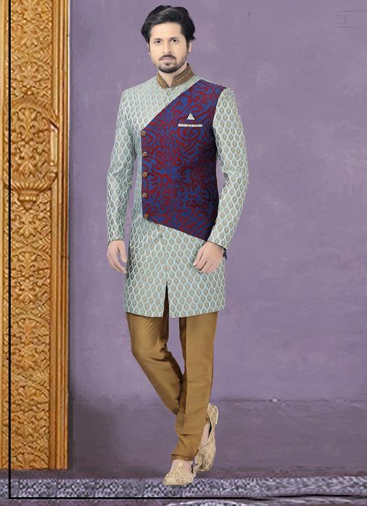 Embroidered Brocade Blue Indo Western - M1158