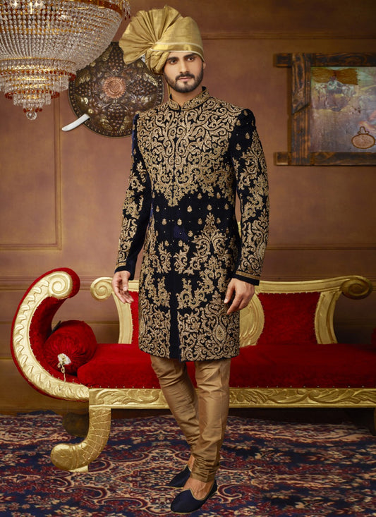 Embroidered Velvet Blue Sherwani - M1042