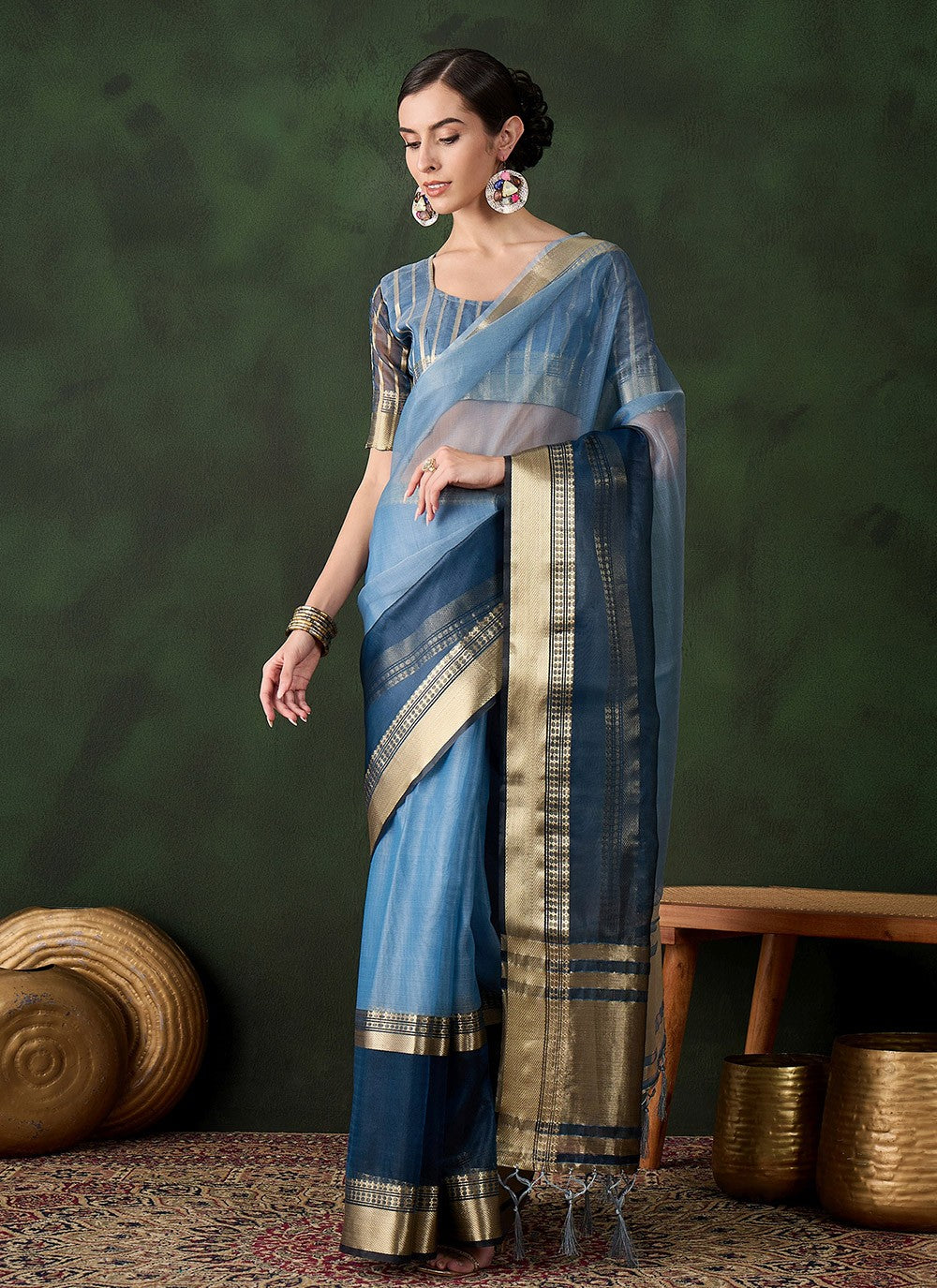 Classic Jacquard Work Khadi, Organza Wine Saree - S10824