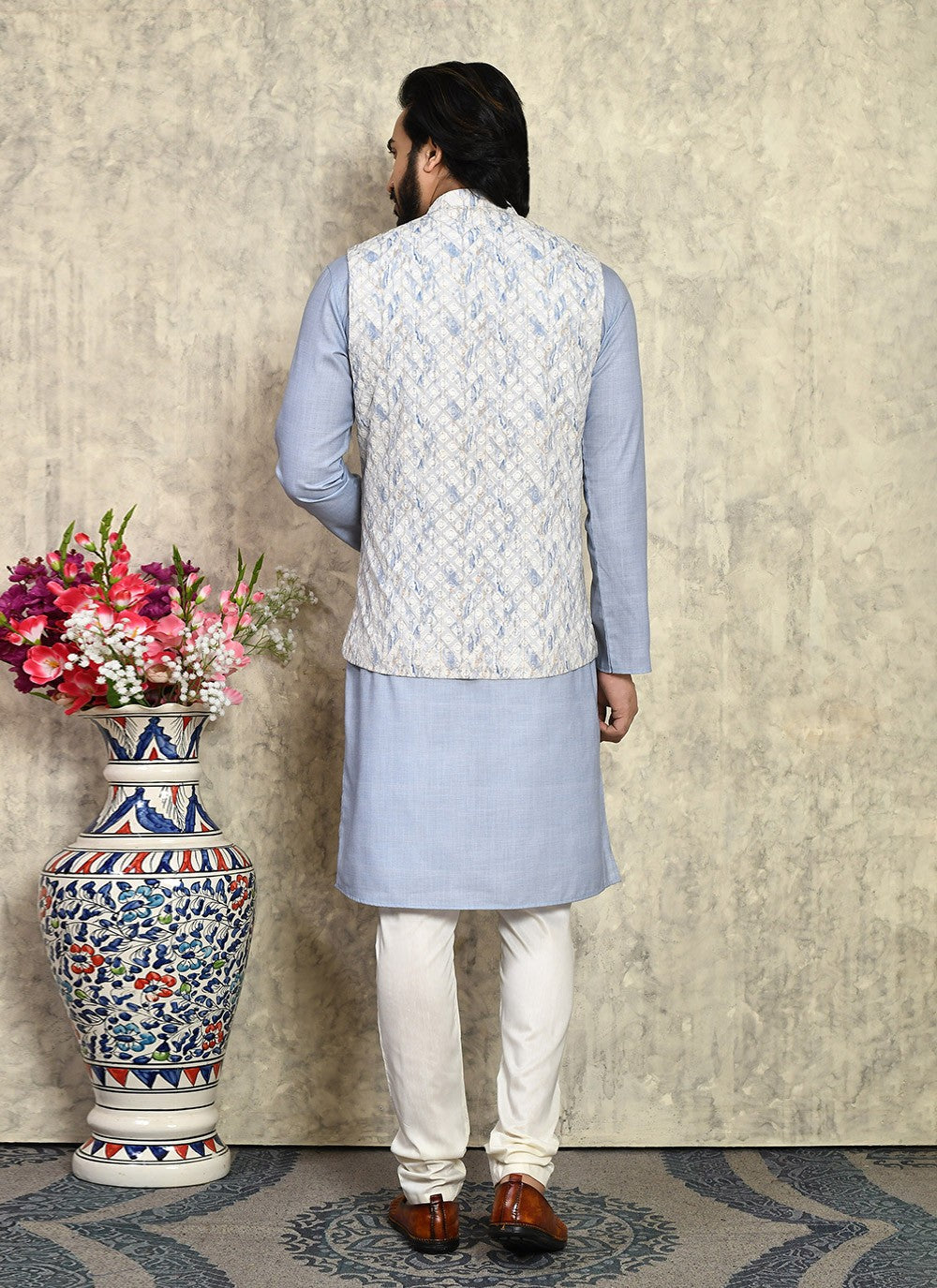 Fancy Work Cotton Blue Kurta Payjama With Jacket - M7997