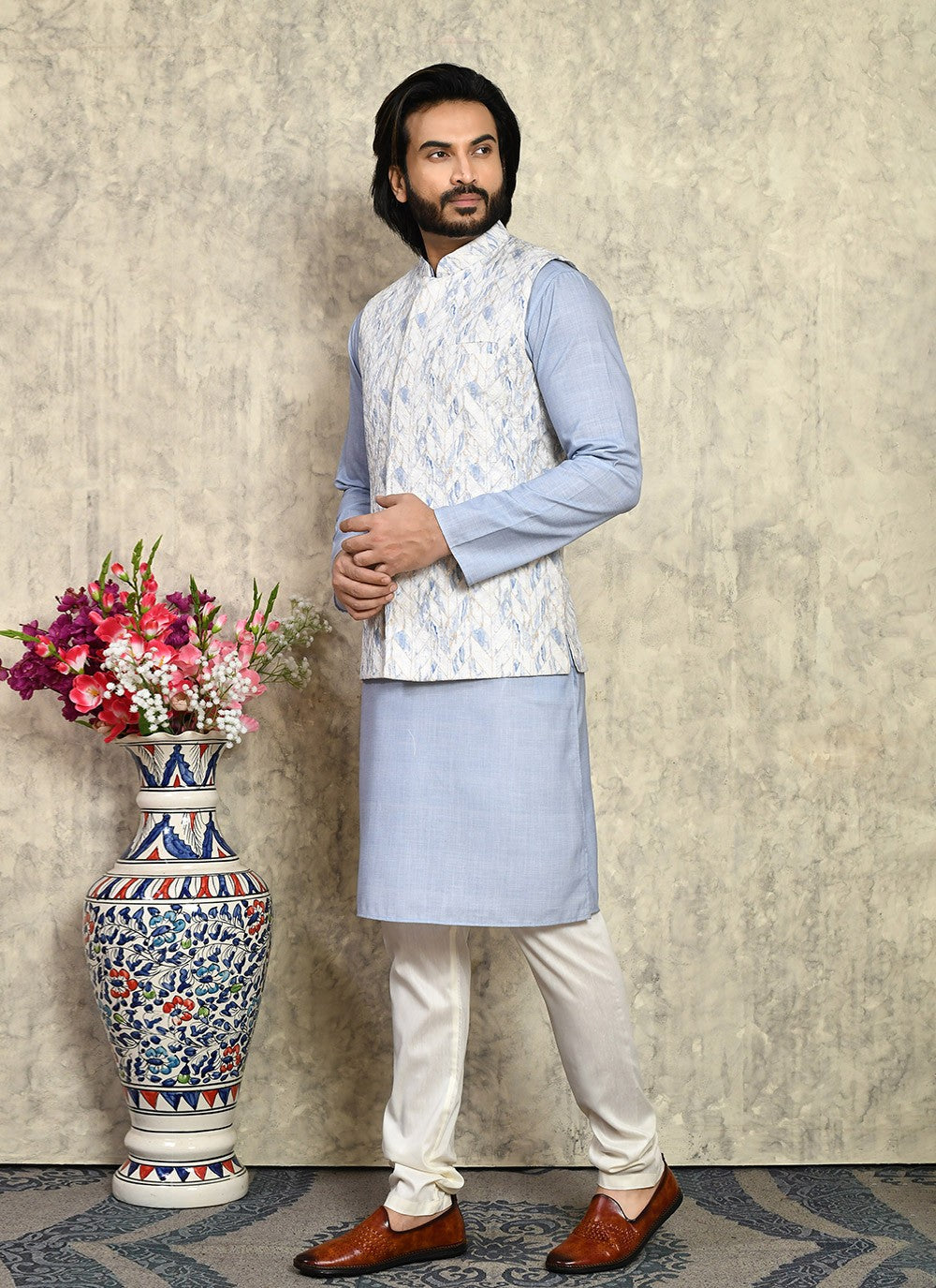 Fancy Work Cotton Blue Kurta Payjama With Jacket - M7997