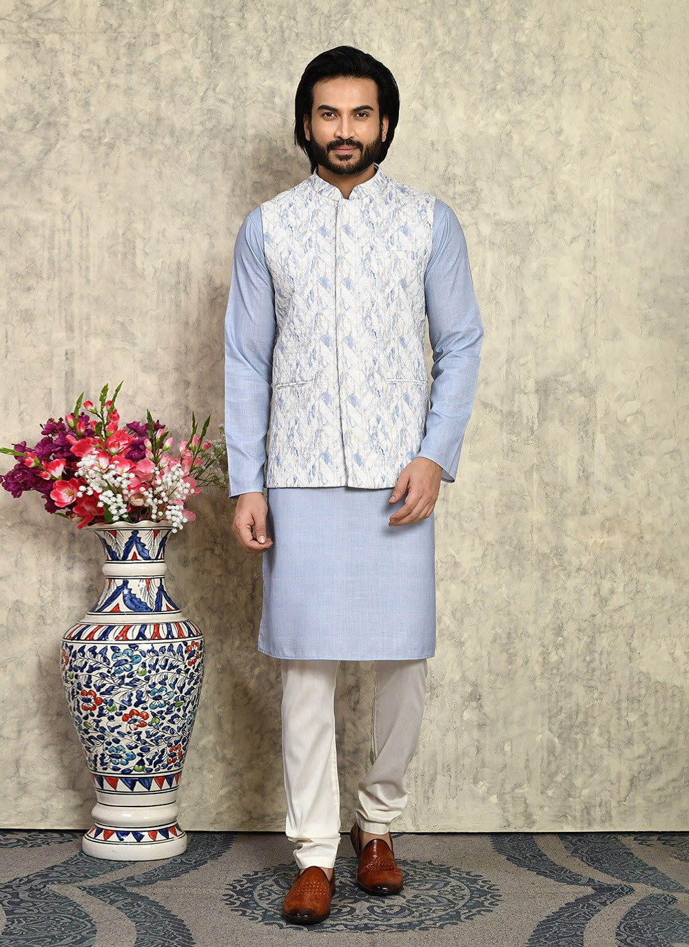 Fancy Work Cotton Blue Kurta Payjama With Jacket - M7997