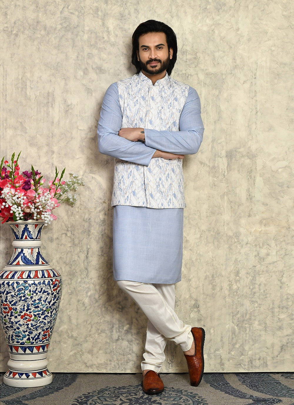 Fancy Work Cotton Blue Kurta Payjama With Jacket - M7997