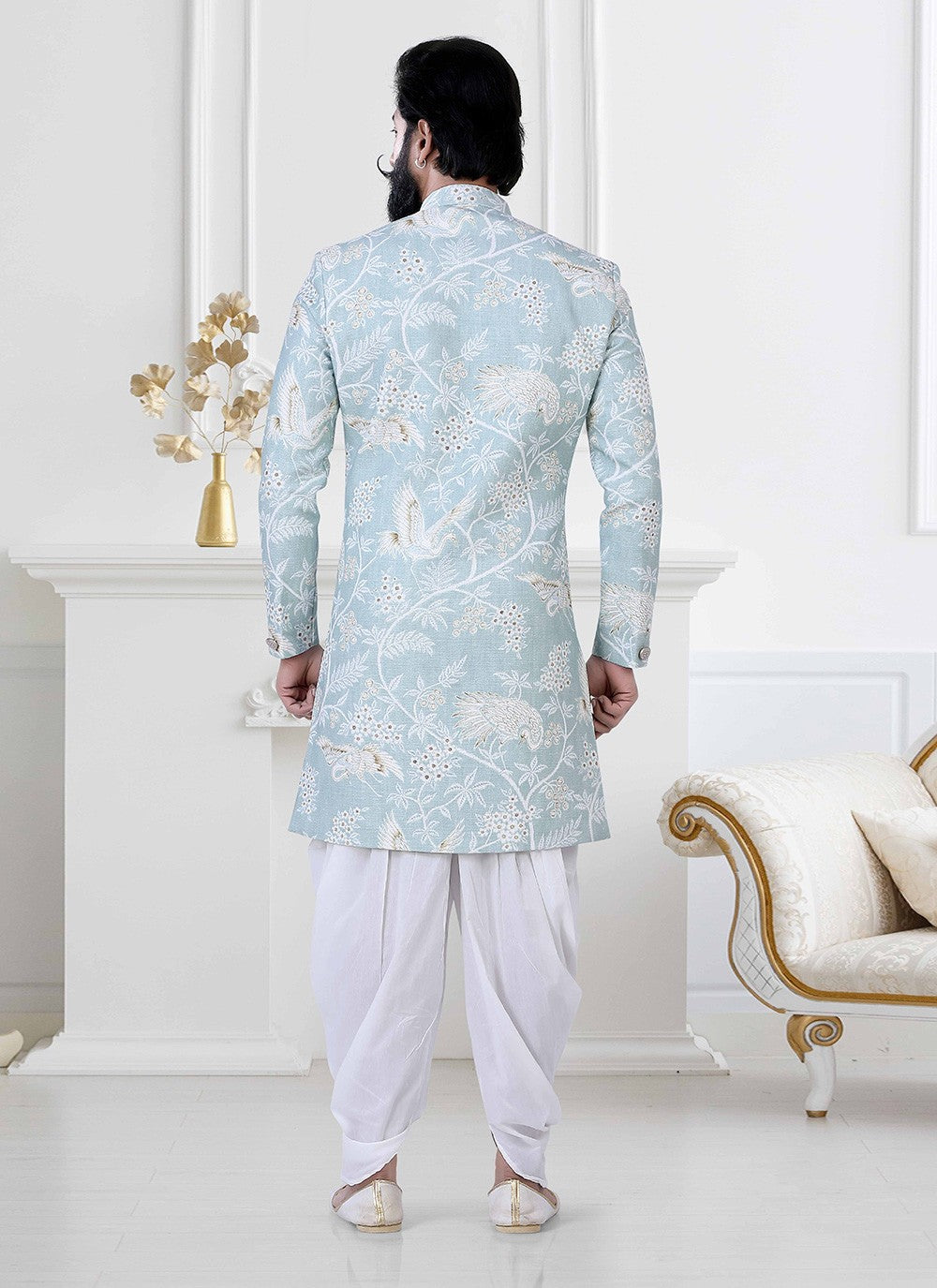 Woven Jacquard Blue Indo Western - M4167