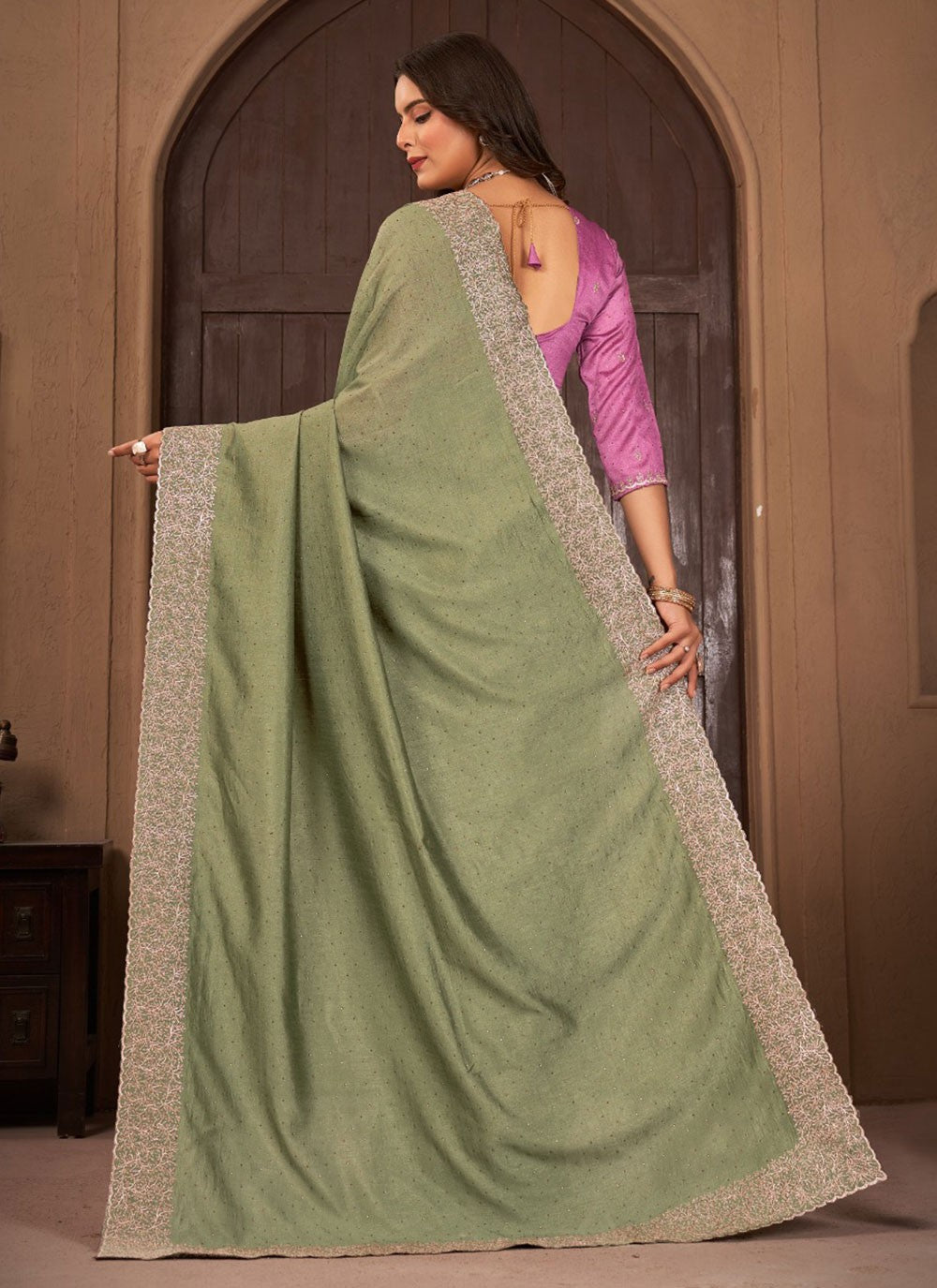 Classic Border Work Vichitra Silk Saree - S5681