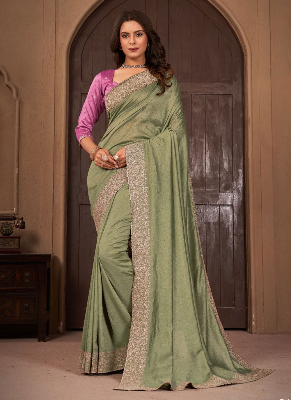 Classic Border Work Vichitra Silk Saree - S5681