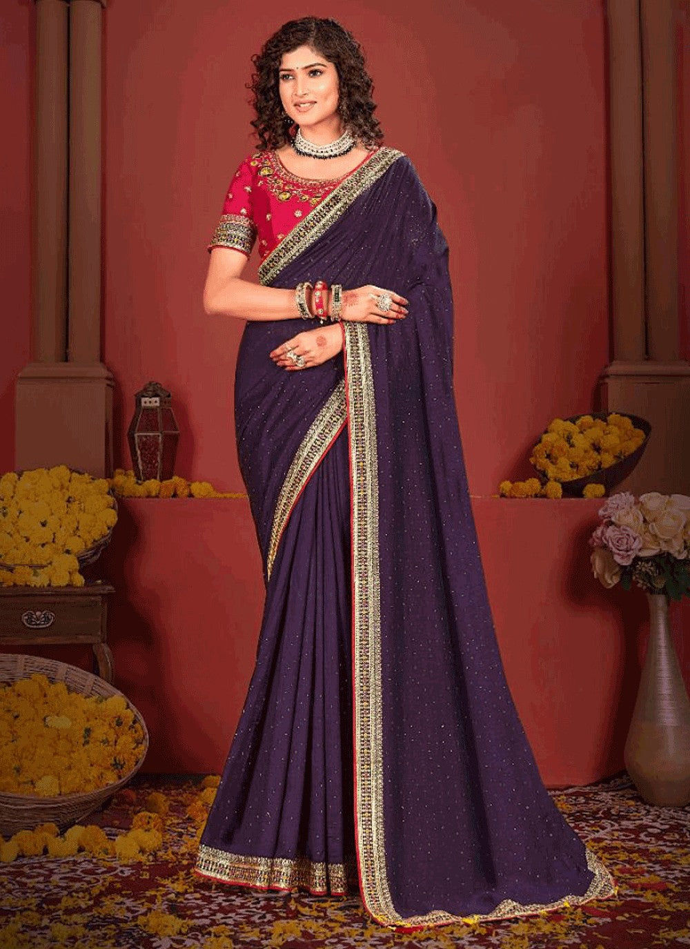 Traditional Border Work Vichitra Silk Purple Saree - S10963