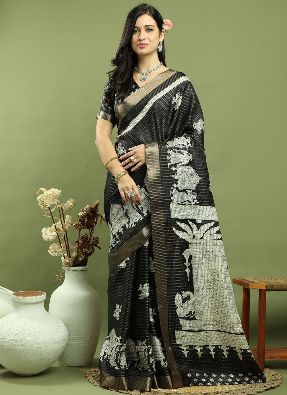 Classic Border Work Silk Blend Saree - S9786