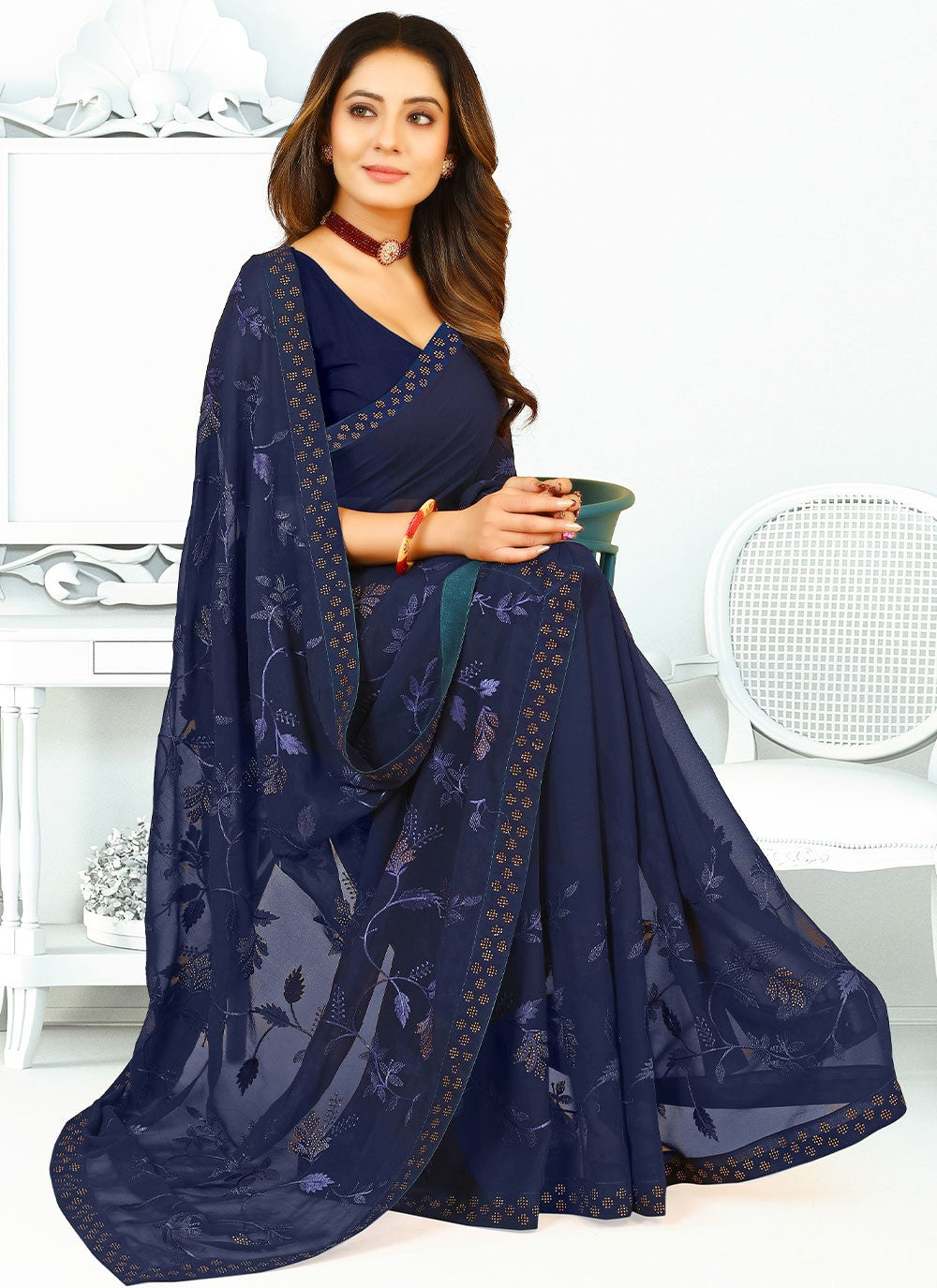 Contemporary Border Work Georgette, Silk Saree - S2671