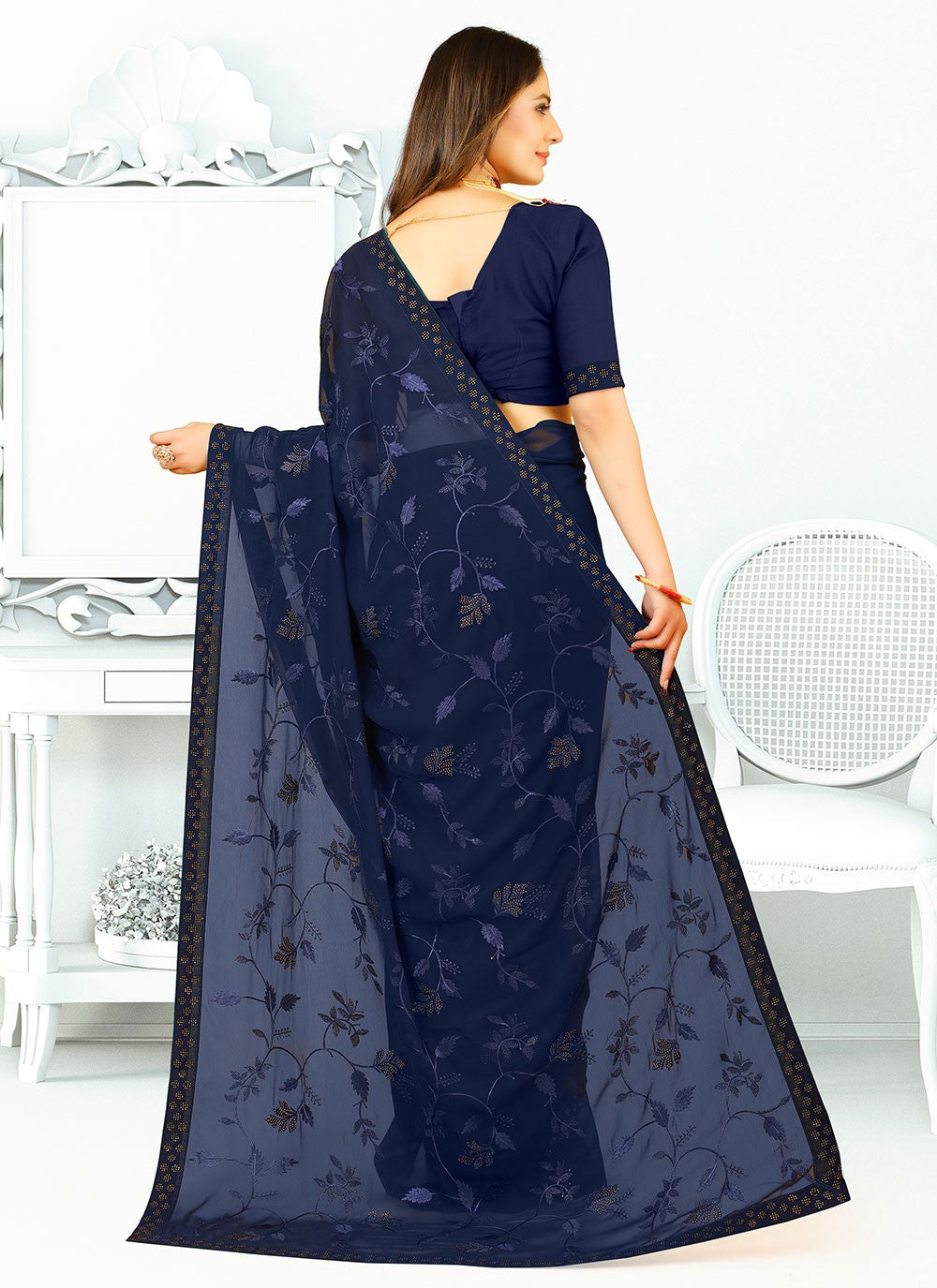 Contemporary Border Work Georgette, Silk Saree - S2671