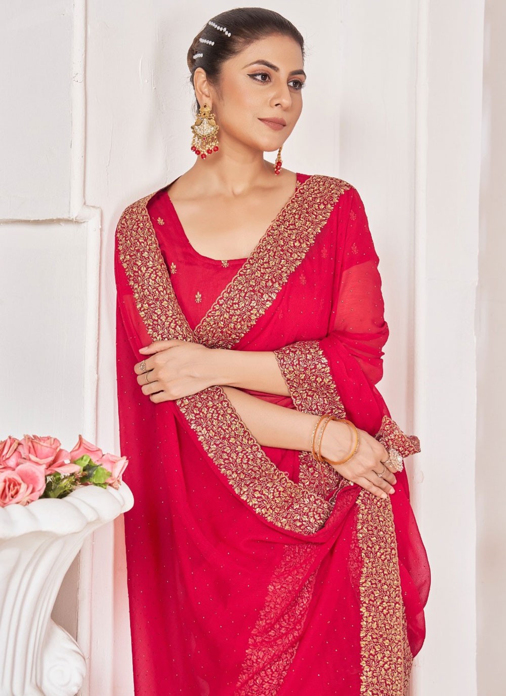 Classic Border Work Chiffon Saree - S8261