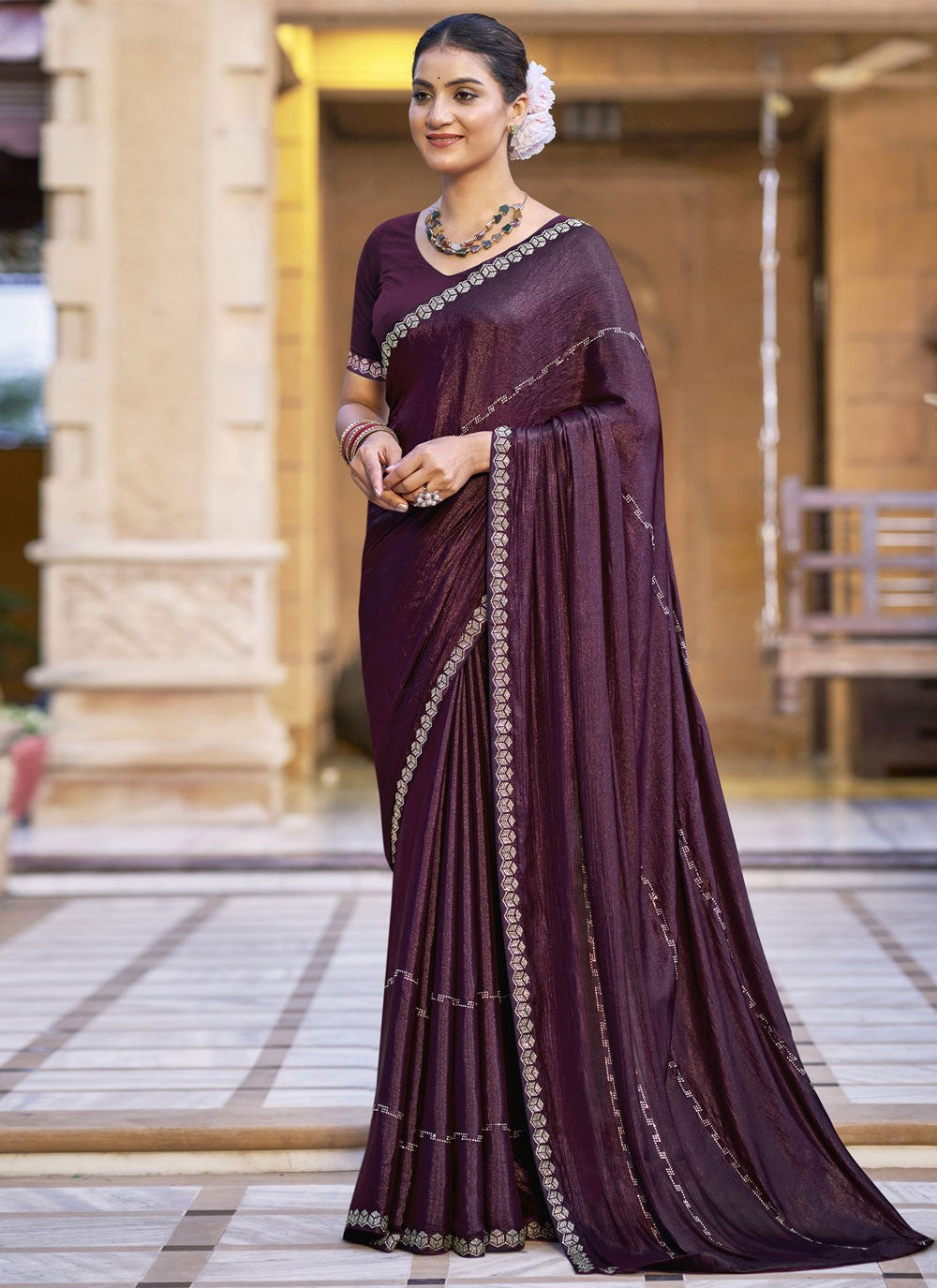 Classic Border Work Chiffon, Shimmer Saree - S9548