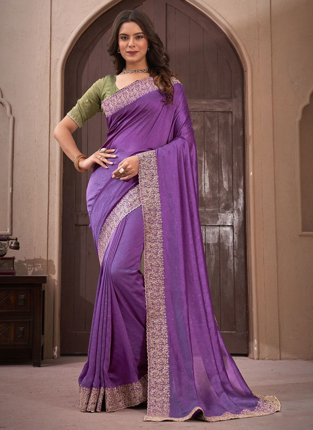 Classic Border Work Vichitra Silk Saree - S5681