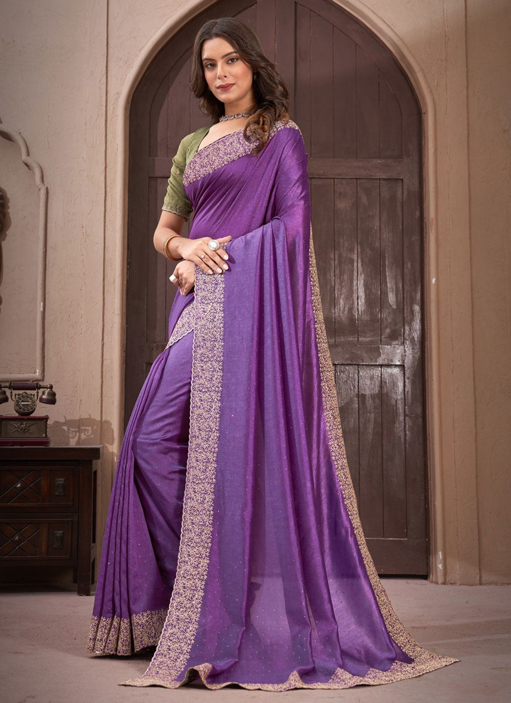 Classic Border Work Vichitra Silk Saree - S5681