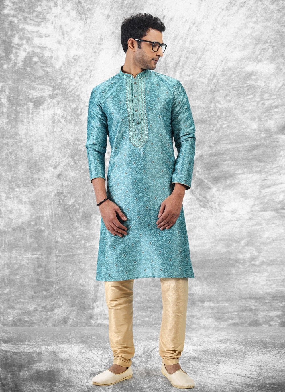 Fancy Work Brocade, Jacquard Silk Aqua Blue Kurta Pyjama - M4847