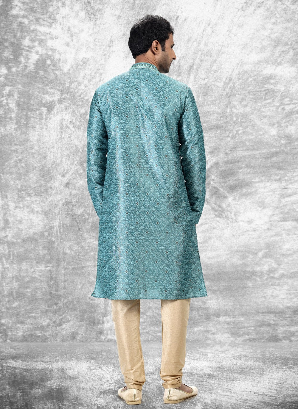 Fancy Work Brocade, Jacquard Silk Aqua Blue Kurta Pyjama - M4847