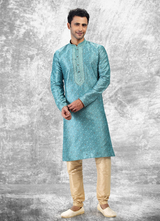 Fancy Work Brocade, Jacquard Silk Aqua Blue Kurta Pyjama - M4847