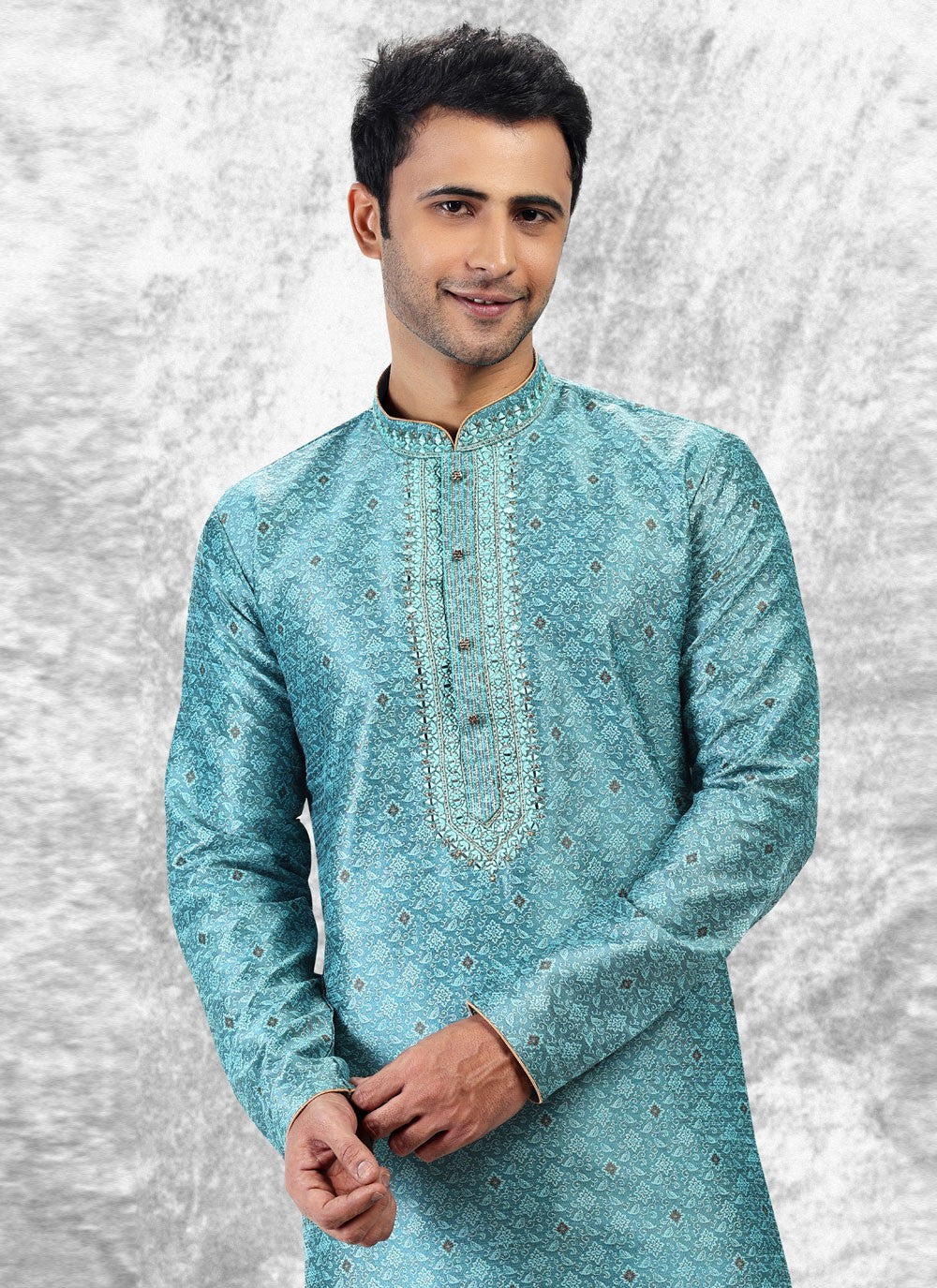 Fancy Work Brocade, Jacquard Silk Aqua Blue Kurta Pyjama - M4847