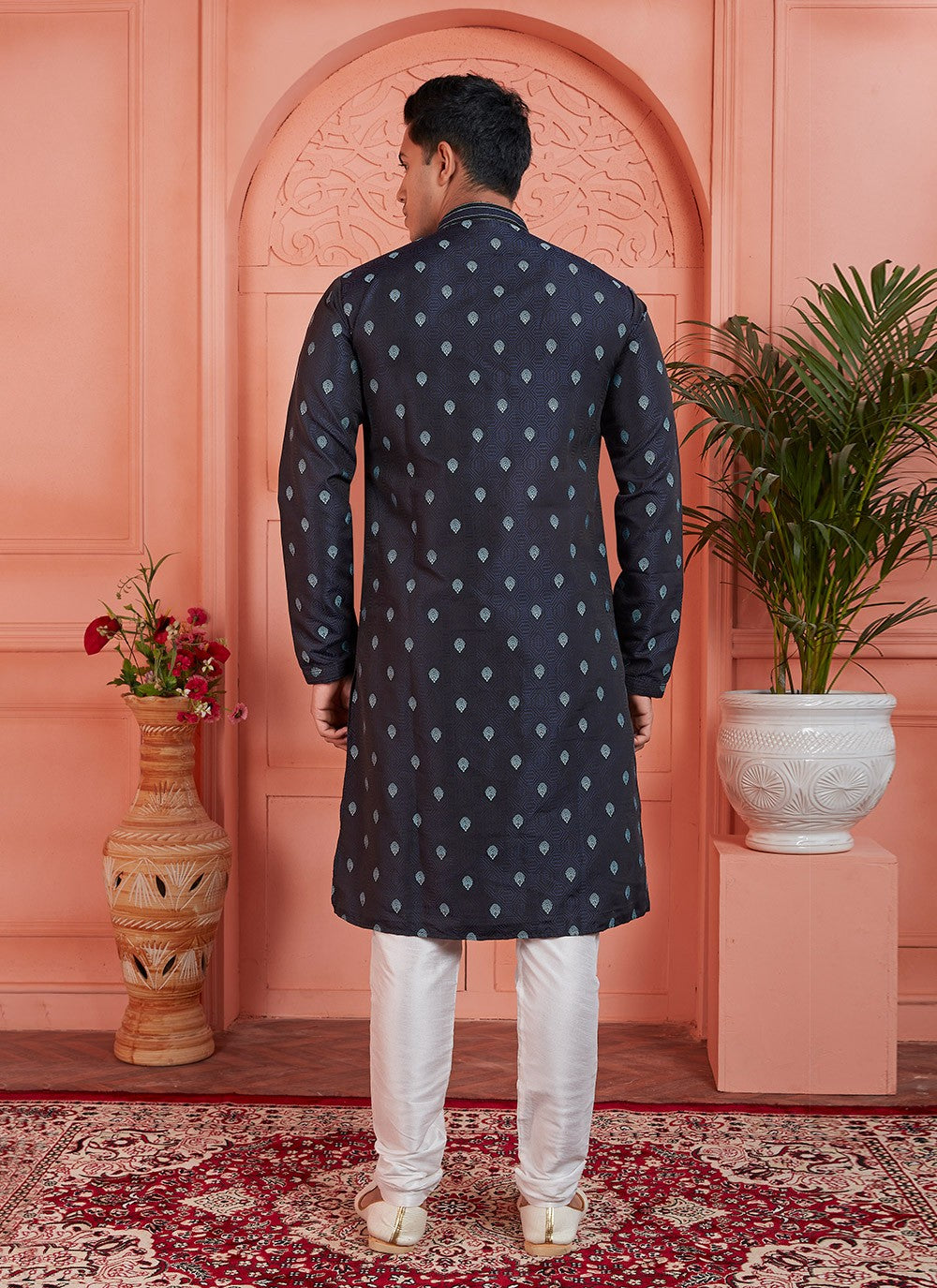 Pintex Brocade, Jacquard Silk Blue Kurta Pyjama - M7759