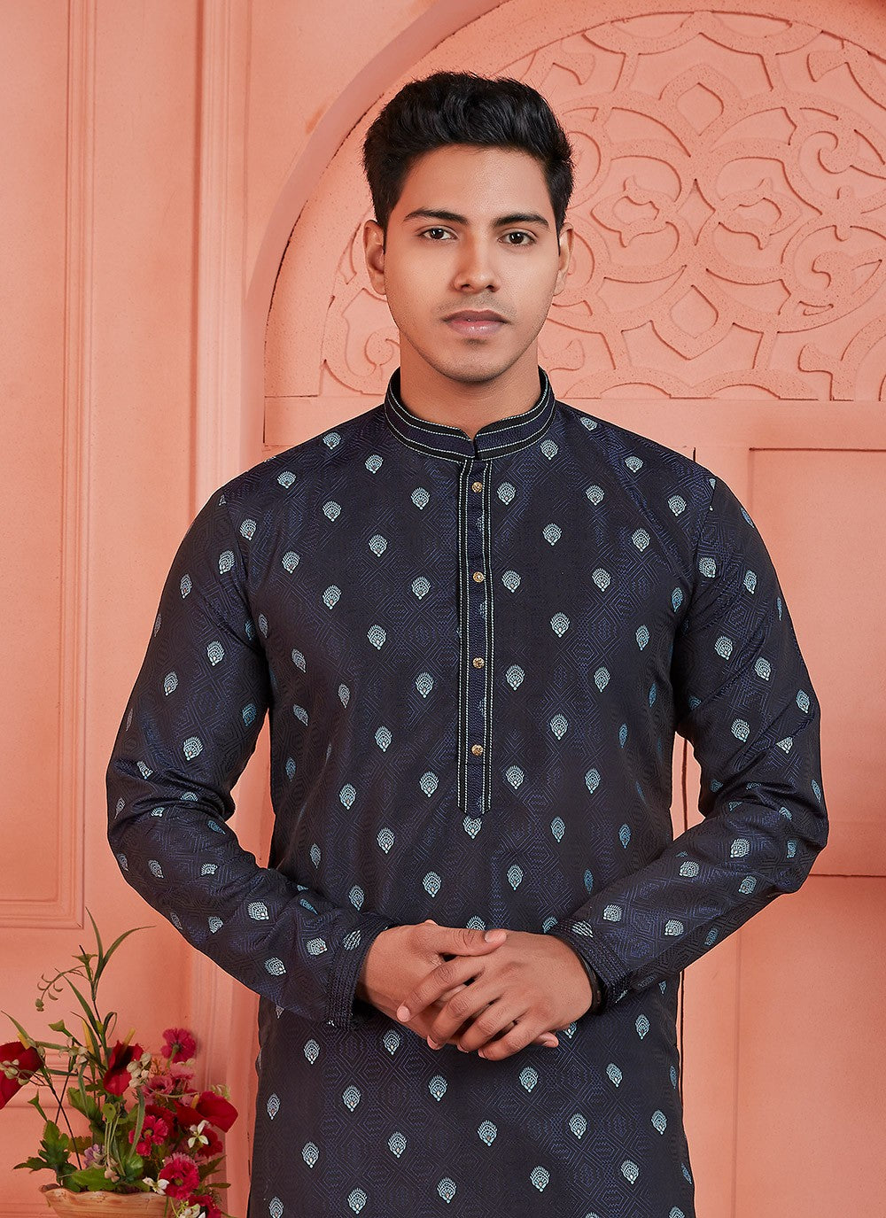 Pintex Brocade, Jacquard Silk Blue Kurta Pyjama - M7759