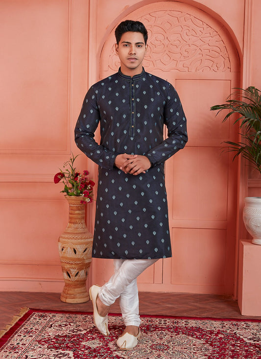 Pintex Brocade, Jacquard Silk Blue Kurta Pyjama - M7759