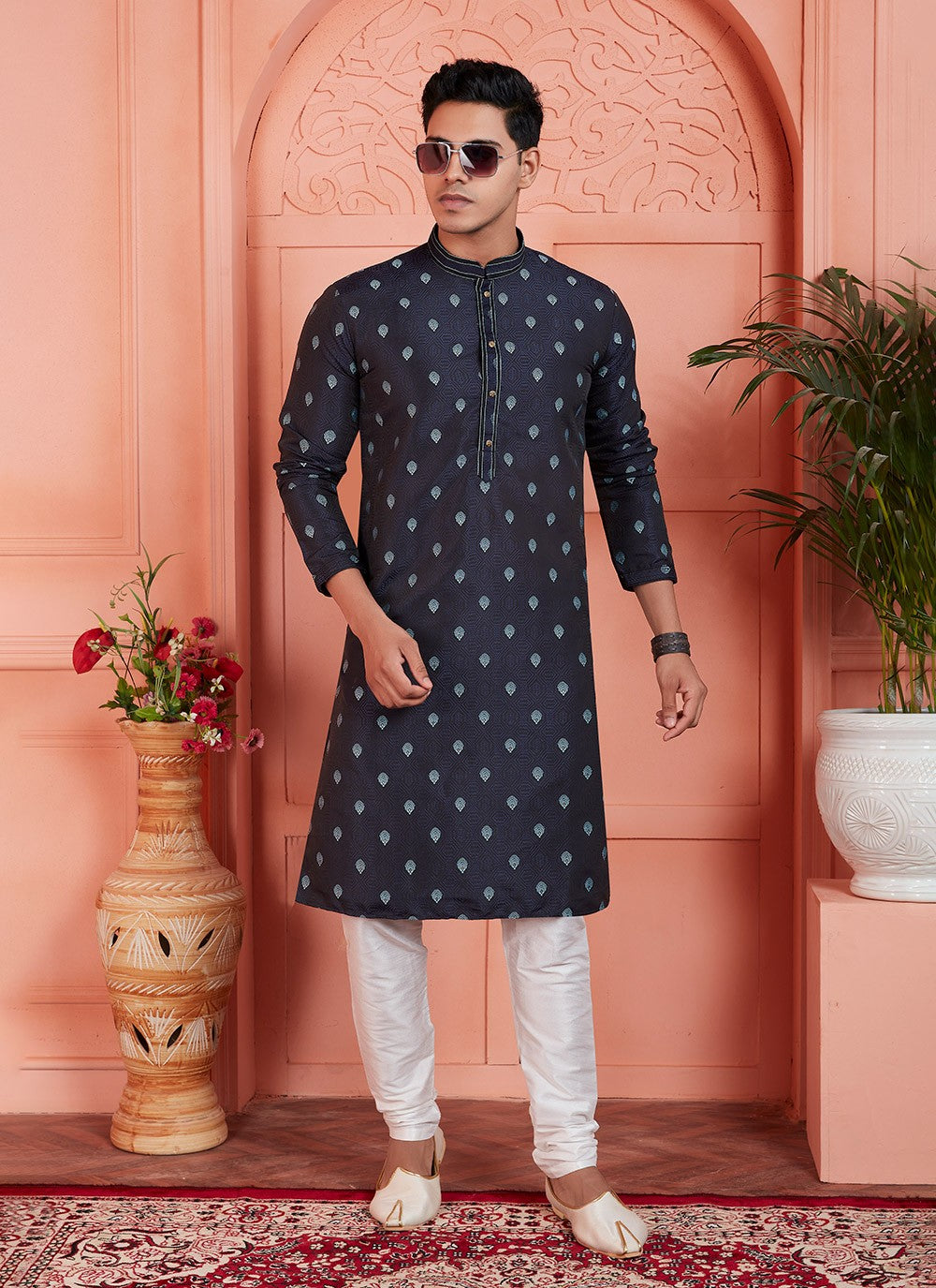 Pintex Brocade, Jacquard Silk Blue Kurta Pyjama - M7759