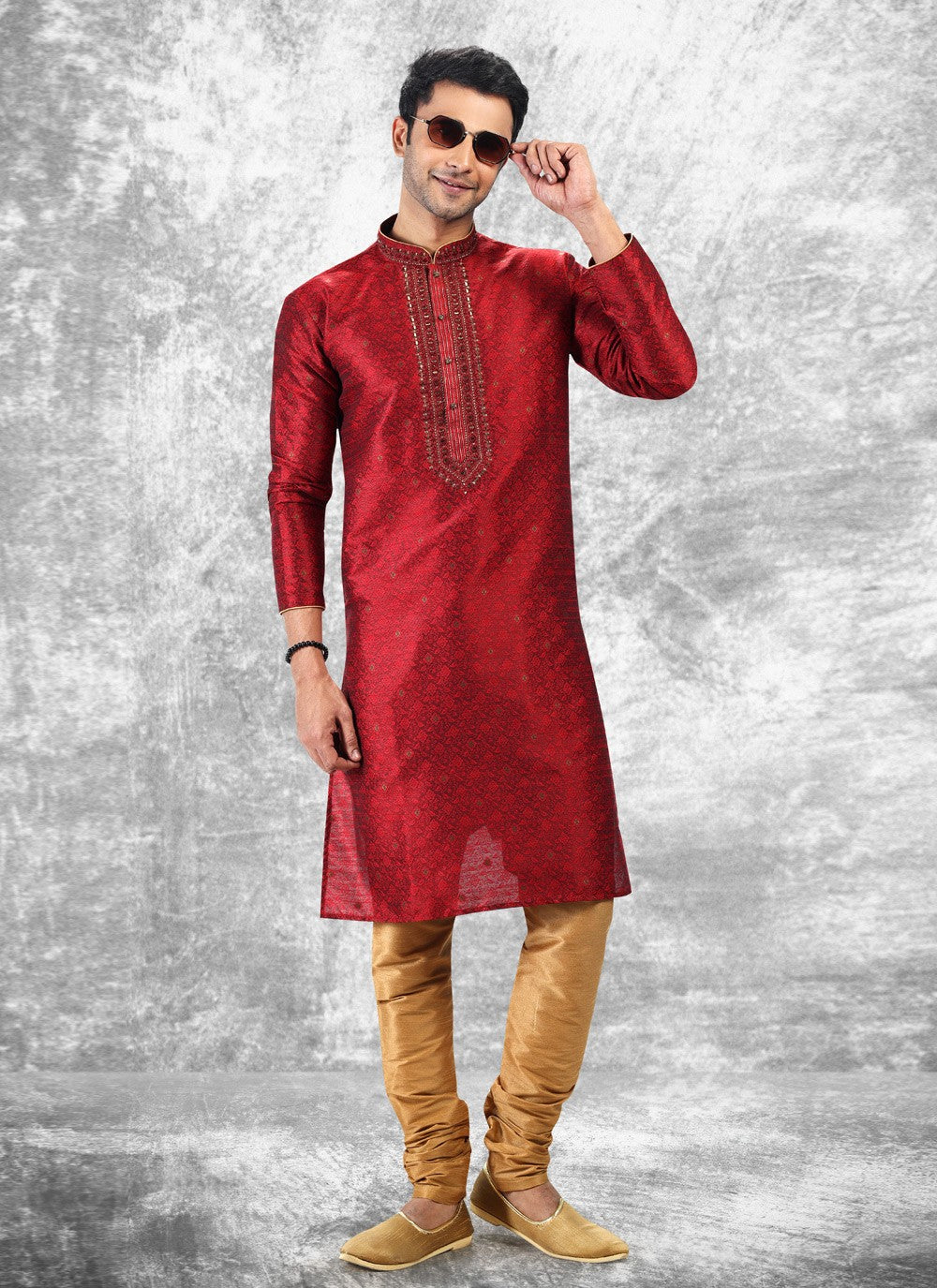 Fancy Work Brocade, Jacquard Silk Maroon Kurta Pyjama - M4849