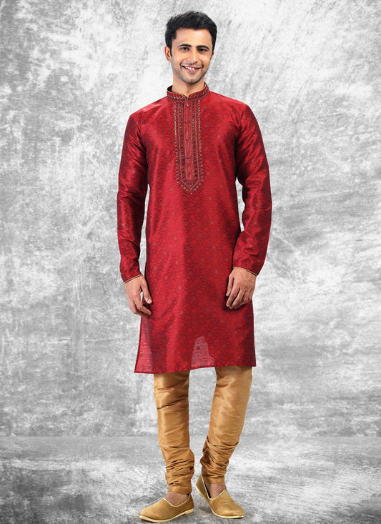 Fancy Work Brocade, Jacquard Silk Maroon Kurta Pyjama - M4849