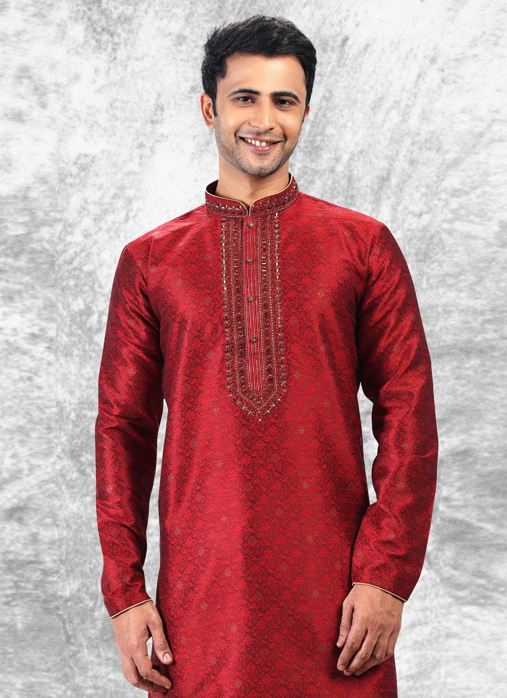 Fancy Work Brocade, Jacquard Silk Maroon Kurta Pyjama - M4849