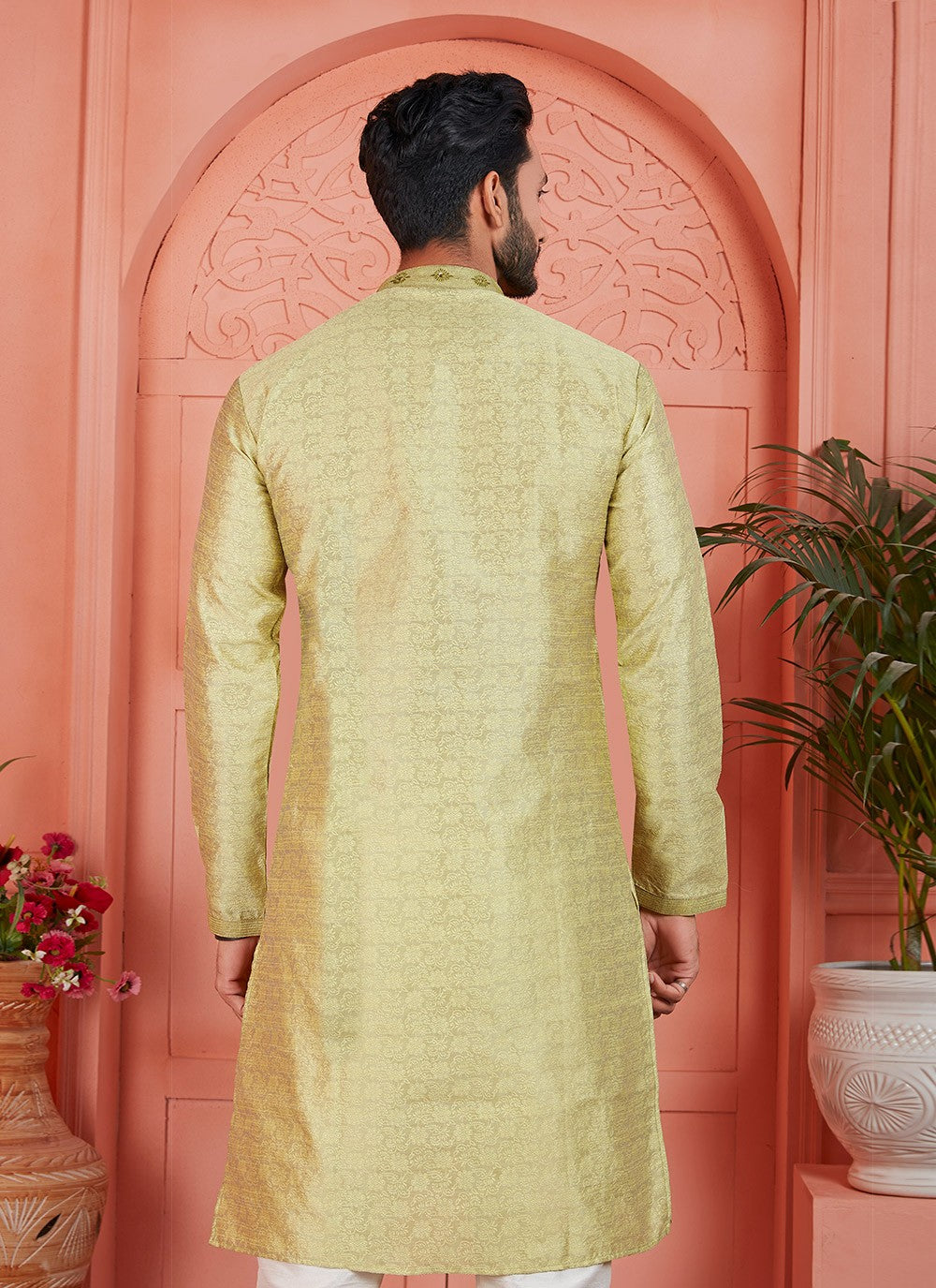 Mirror Brocade, Jacquard Silk Green Kurta Pyjama - M7749