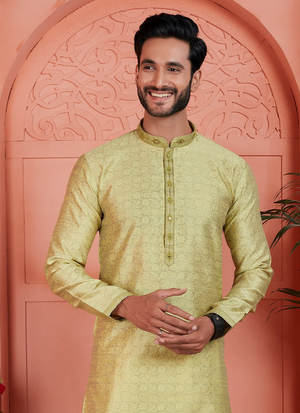 Mirror Brocade, Jacquard Silk Green Kurta Pyjama - M7749