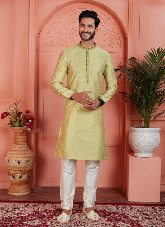 Mirror Brocade, Jacquard Silk Green Kurta Pyjama - M7749