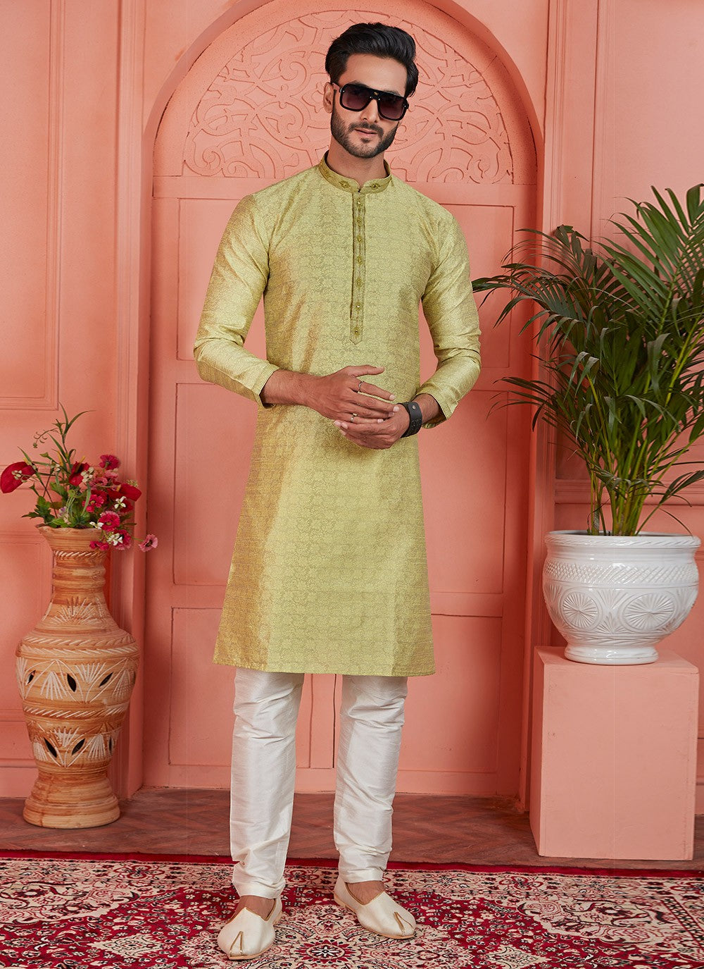 Mirror Brocade, Jacquard Silk Green Kurta Pyjama - M7749