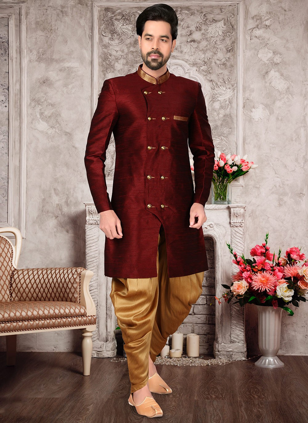 Buttons Brocade, Silk Maroon Indo Western Sherwani - M2990