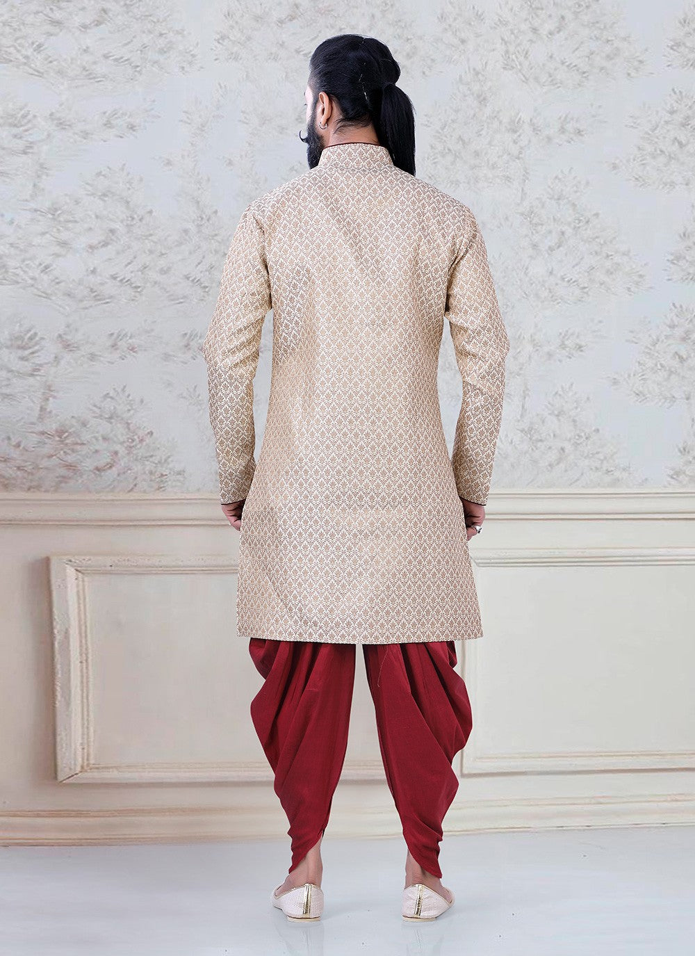 Jacquard Work Brocade Cream Indo Western Sherwani - M3094