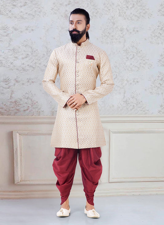 Jacquard Work Brocade Cream Indo Western Sherwani - M3094