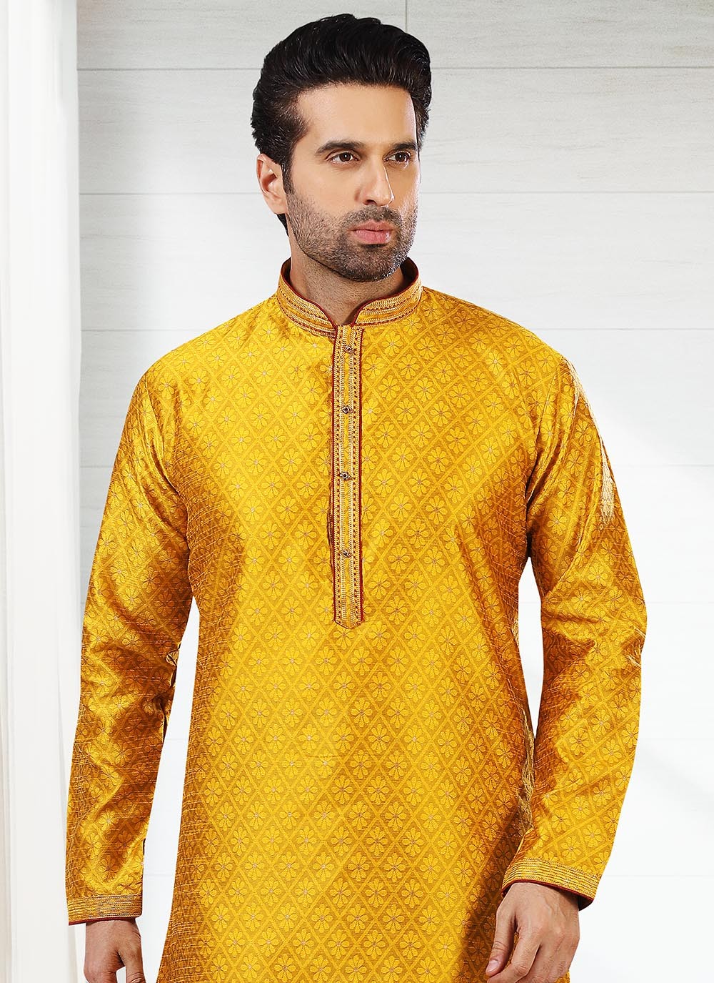 Jacquard Work Brocade, Jacquard Silk Yellow Kurta Pyjama - M2184