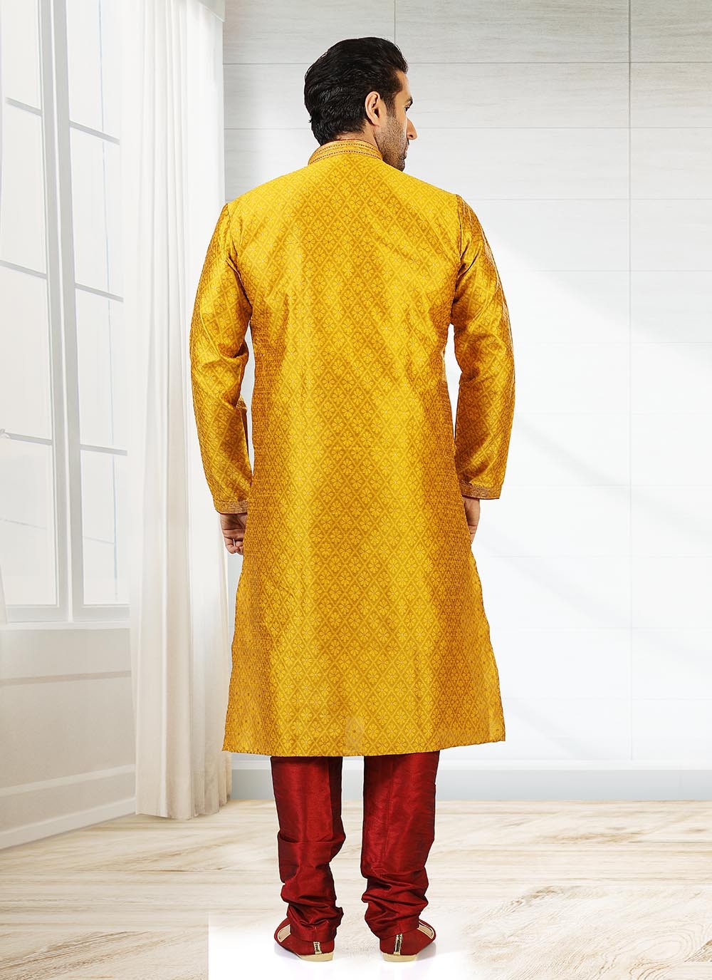 Jacquard Work Brocade, Jacquard Silk Yellow Kurta Pyjama - M2184