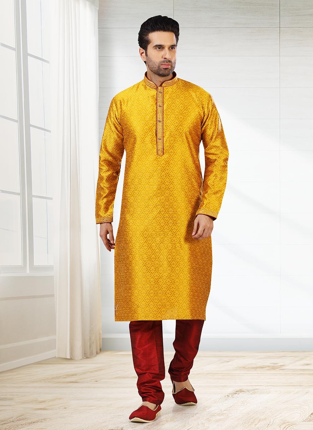 Jacquard Work Brocade, Jacquard Silk Yellow Kurta Pyjama - M2184