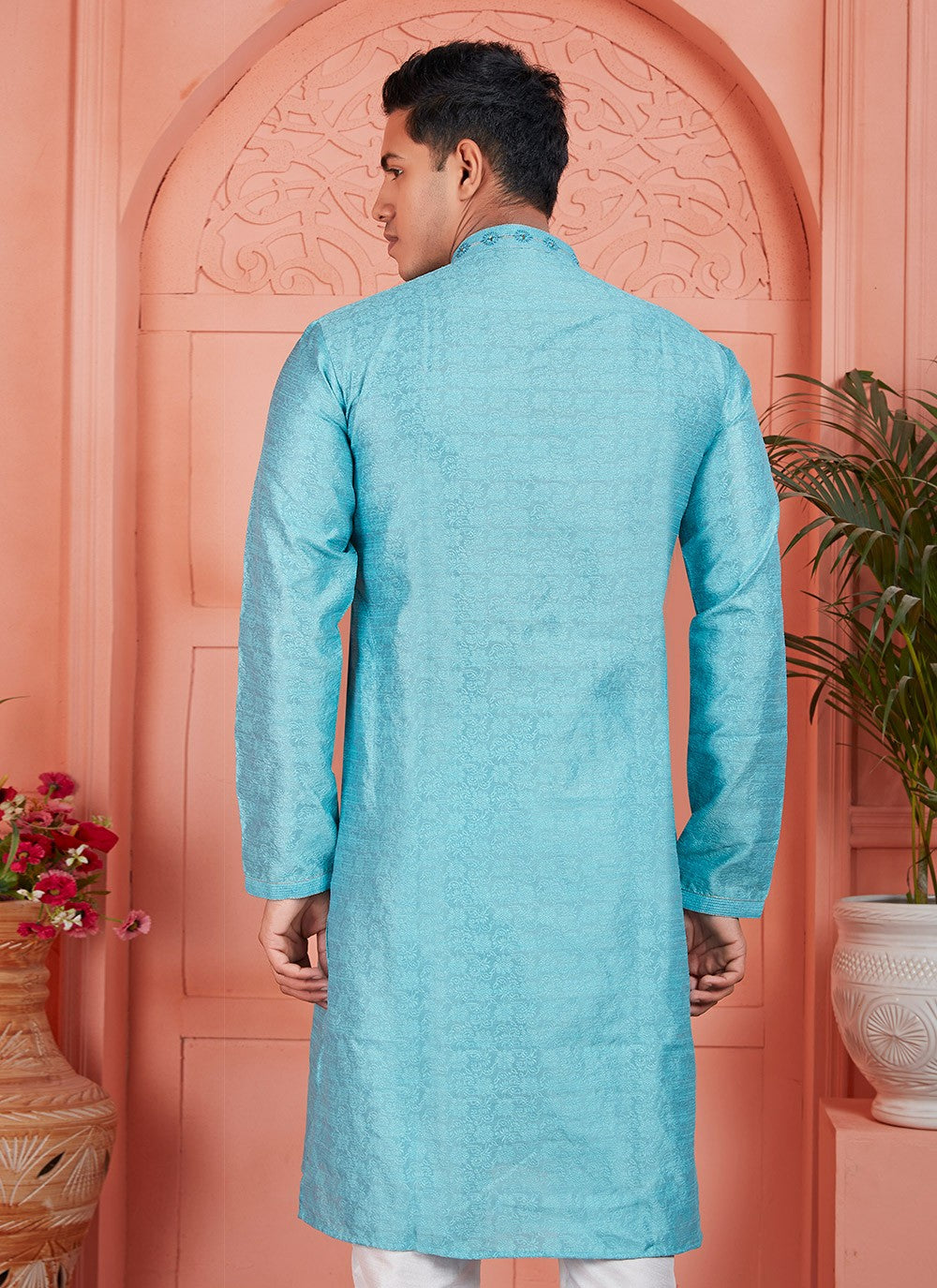 Mirror Brocade, Jacquard Silk Firozi Kurta Pyjama - M7750