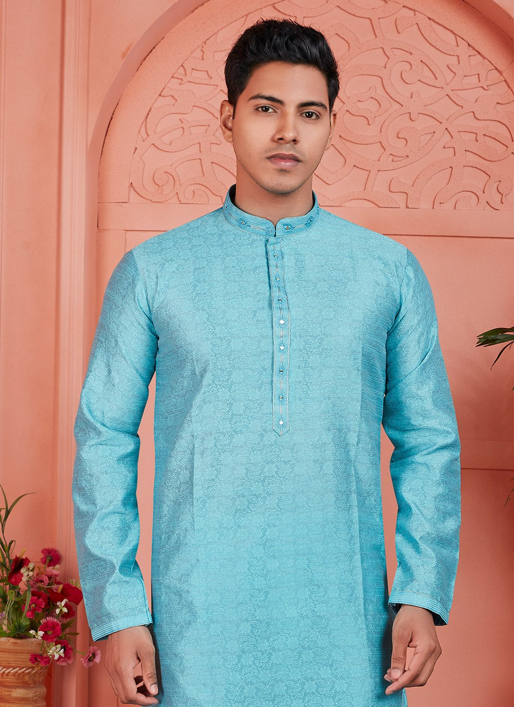 Mirror Brocade, Jacquard Silk Firozi Kurta Pyjama - M7750