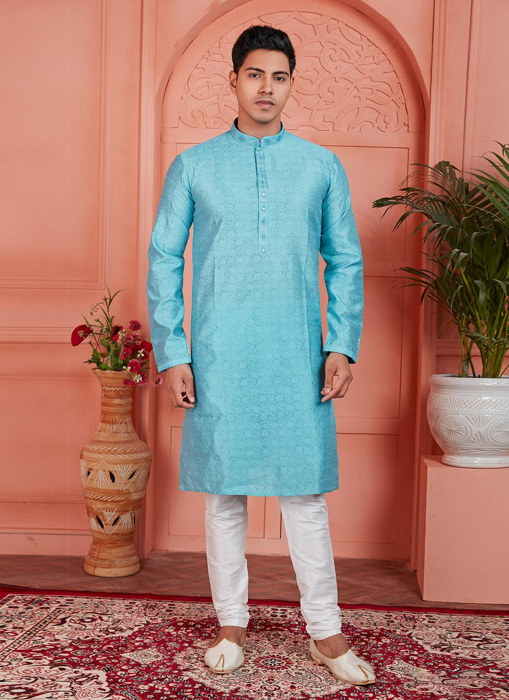 Mirror Brocade, Jacquard Silk Firozi Kurta Pyjama - M7750