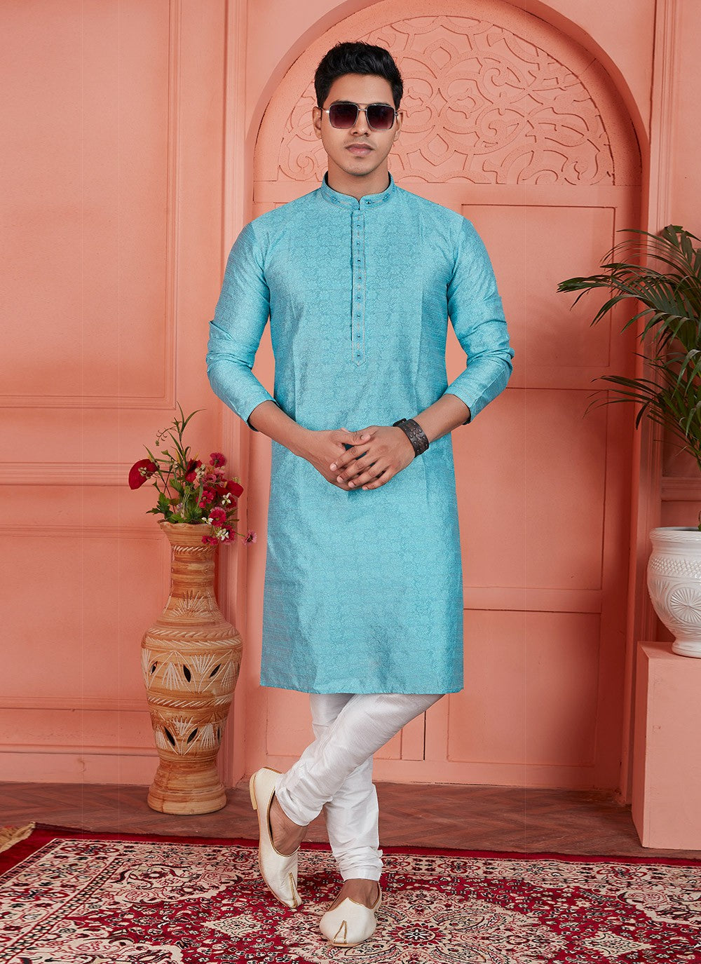 Mirror Brocade, Jacquard Silk Firozi Kurta Pyjama - M7750