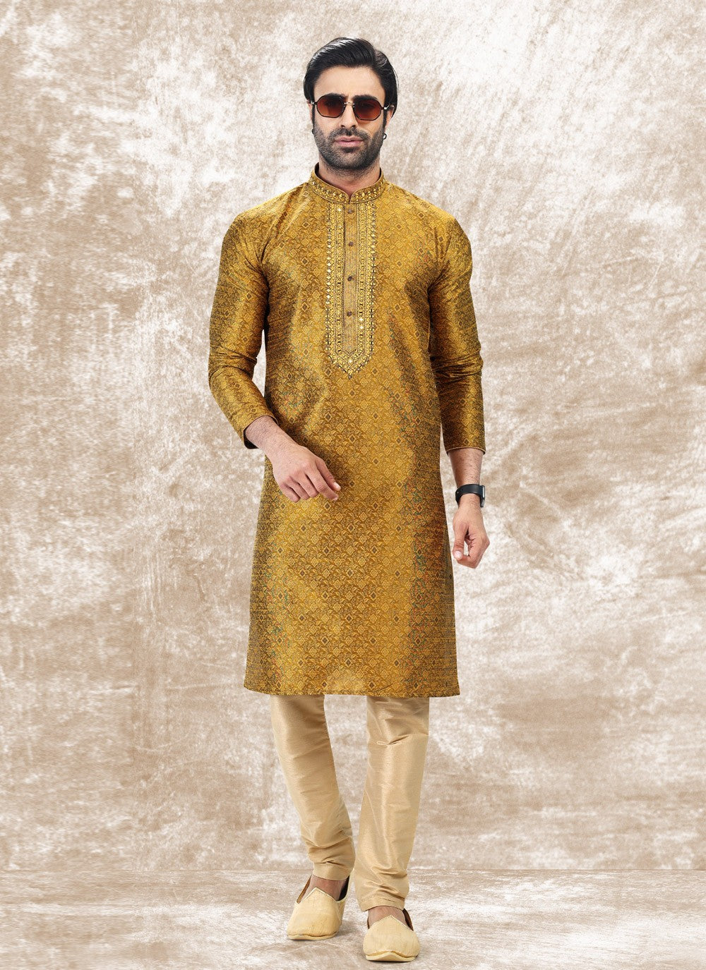 Fancy Work Brocade, Jacquard Silk Gold Kurta Pyjama - M4848