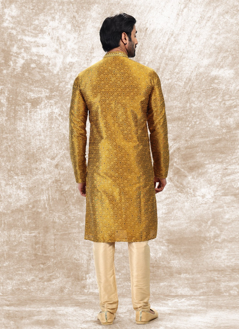 Fancy Work Brocade, Jacquard Silk Gold Kurta Pyjama - M4848